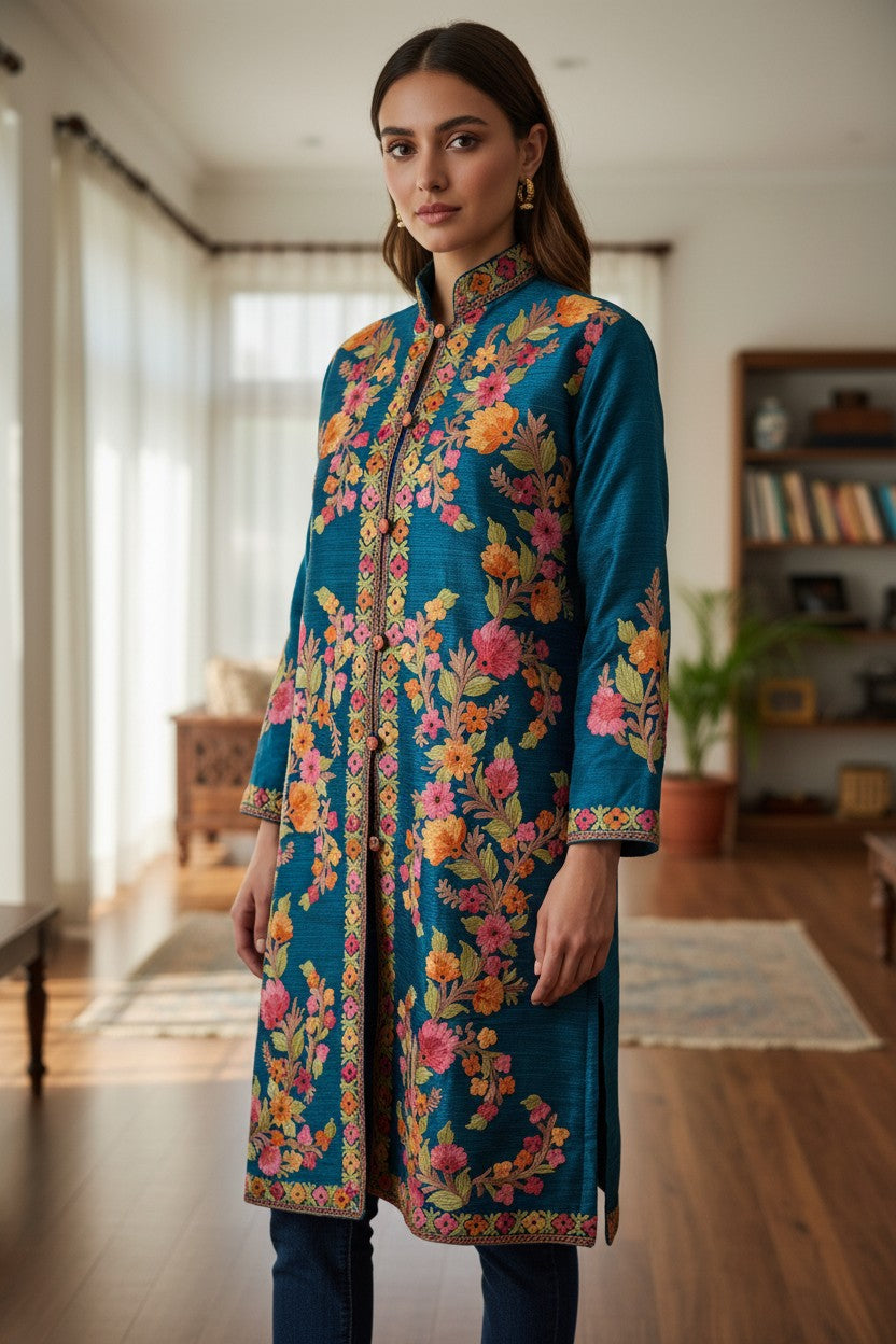 Women’s Silk Jackets with Kashmiri Aari Embroidery - L | Blue