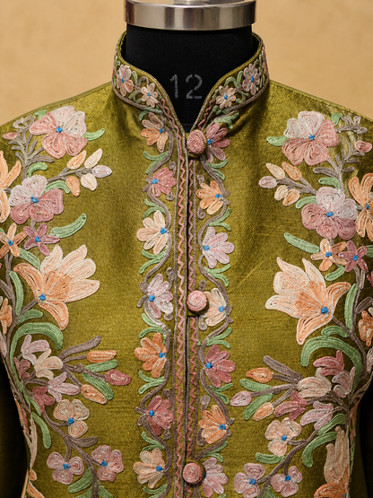Kashmiri Short Silk Jacket For Women with Aari Embroidery - XL | Mustard