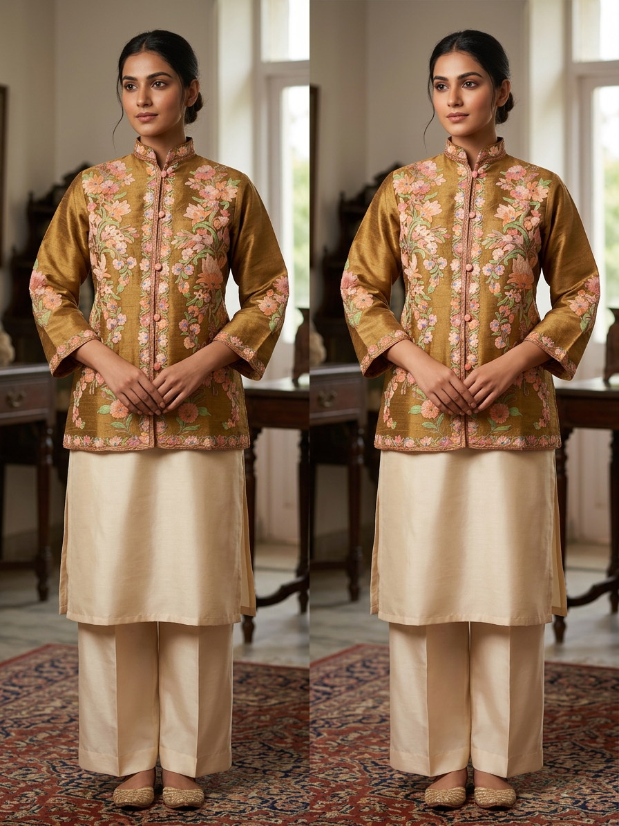 Kashmiri Short Silk Jacket For Women with Aari Embroidery - XL | Mustard
