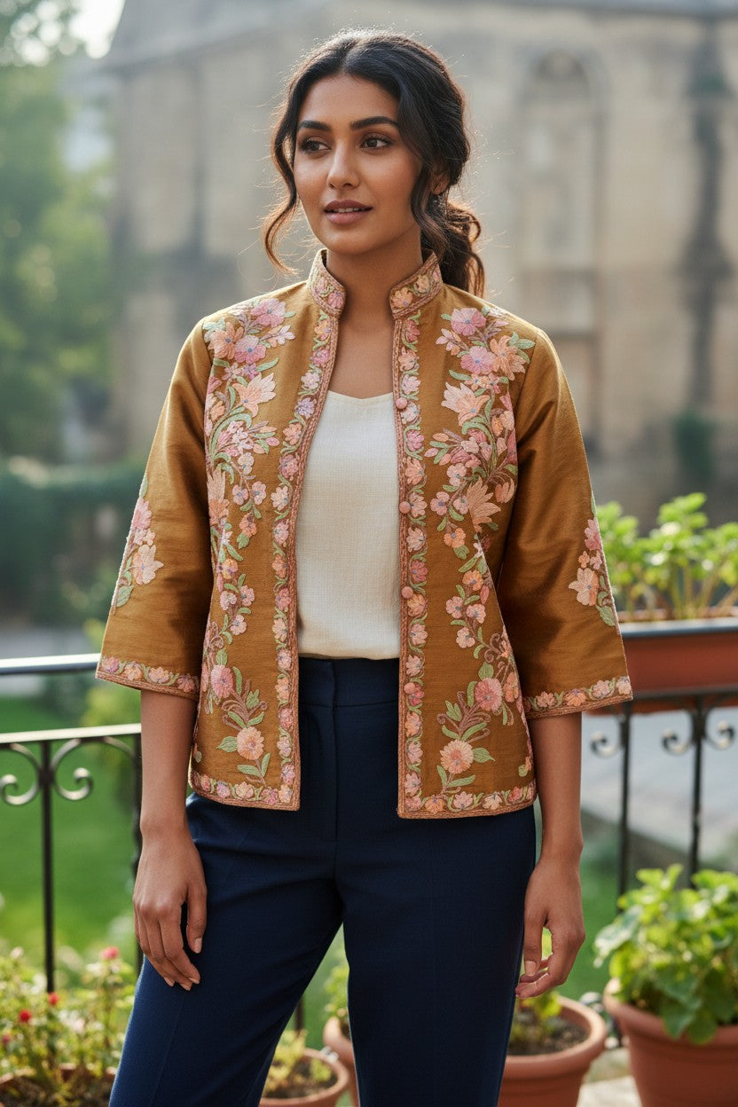Kashmiri Short Silk Jacket For Women with Aari Embroidery - XL | Mustard