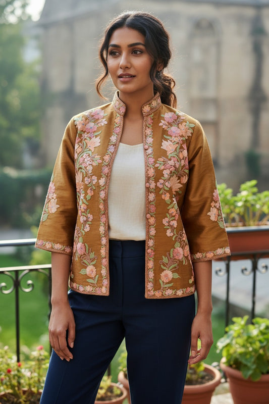 Kashmiri Short Silk Jacket For Women with Aari Embroidery - XL | Mustard