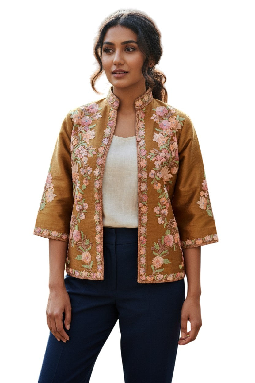 Kashmiri Short Silk Jacket For Women with Aari Embroidery - XL | Mustard