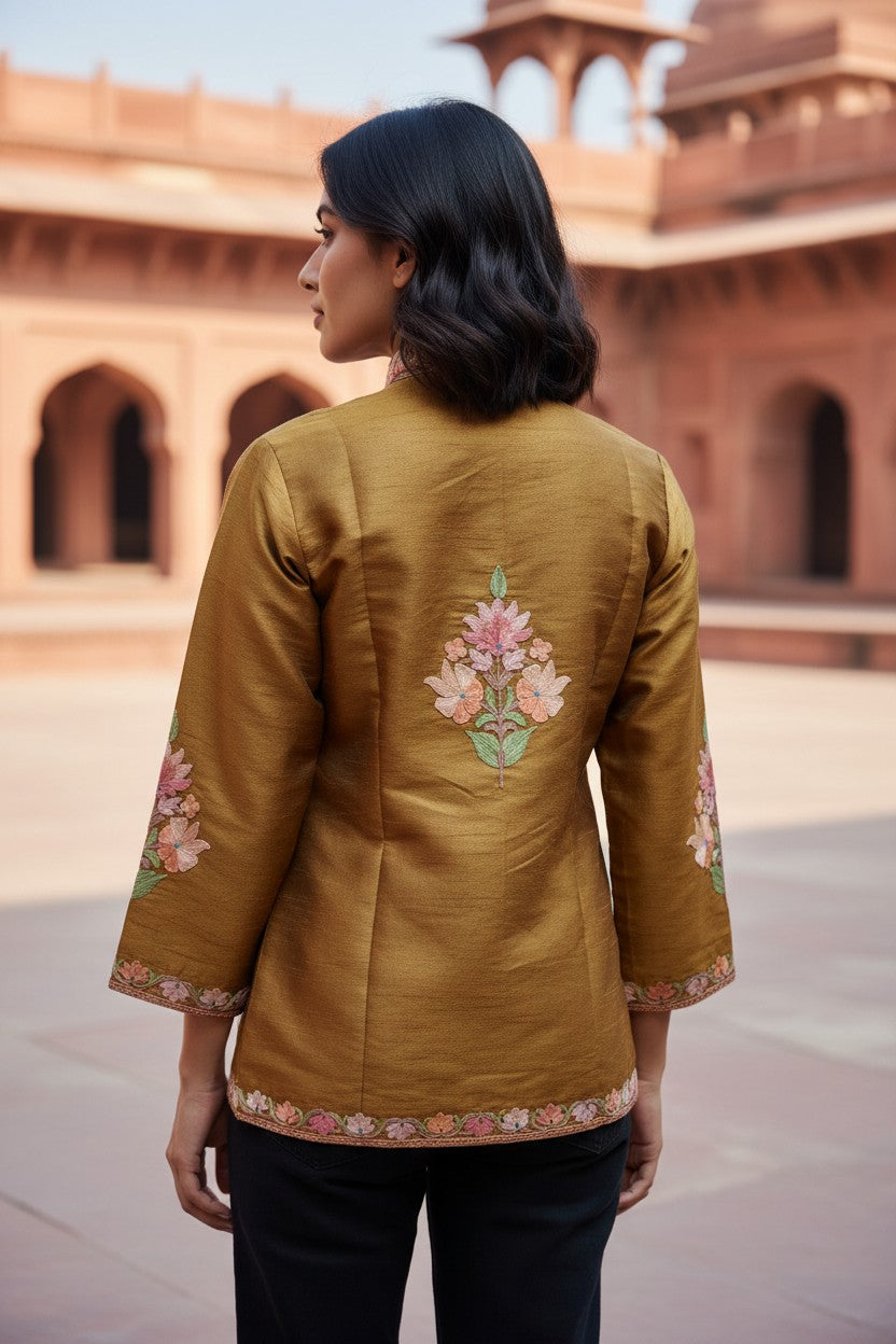 Kashmiri Short Silk Jacket For Women with Aari Embroidery - XL | Mustard