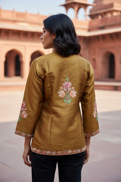 Kashmiri Short Silk Jacket For Women with Aari Embroidery - XL | Mustard