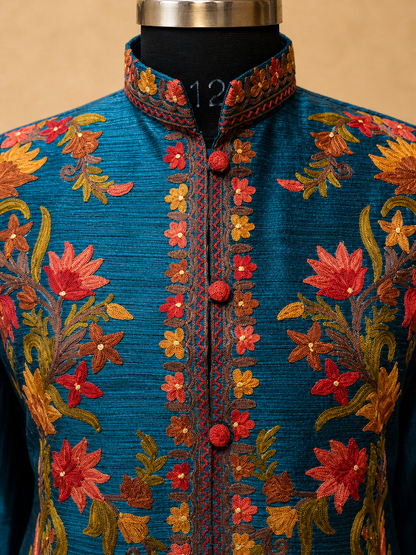 Kashmiri Short Silk Jacket For Women with Aari Embroidery - L | Royal Blue