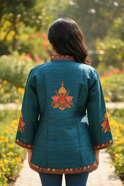 Kashmiri Short Silk Jacket For Women with Aari Embroidery - L | Royal Blue