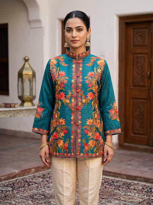 Kashmiri Short Silk Jacket For Women with Aari Embroidery - L | Royal Blue