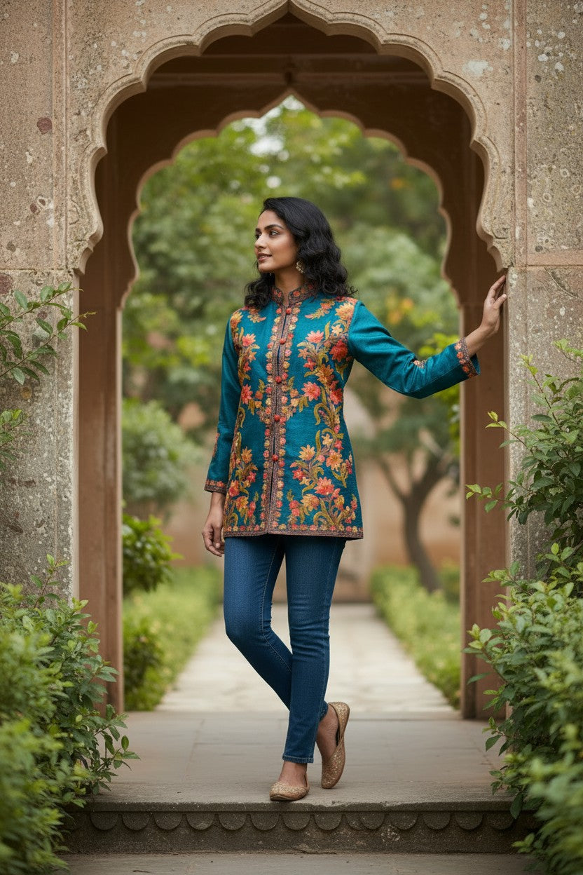 Kashmiri Short Silk Jacket For Women with Aari Embroidery - L | Royal Blue