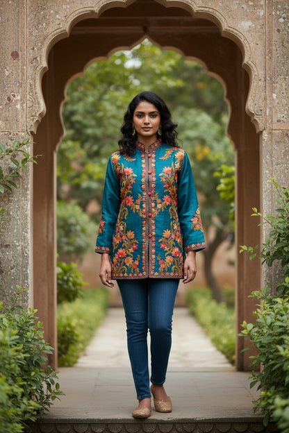 Kashmiri Short Silk Jacket For Women with Aari Embroidery - L | Royal Blue