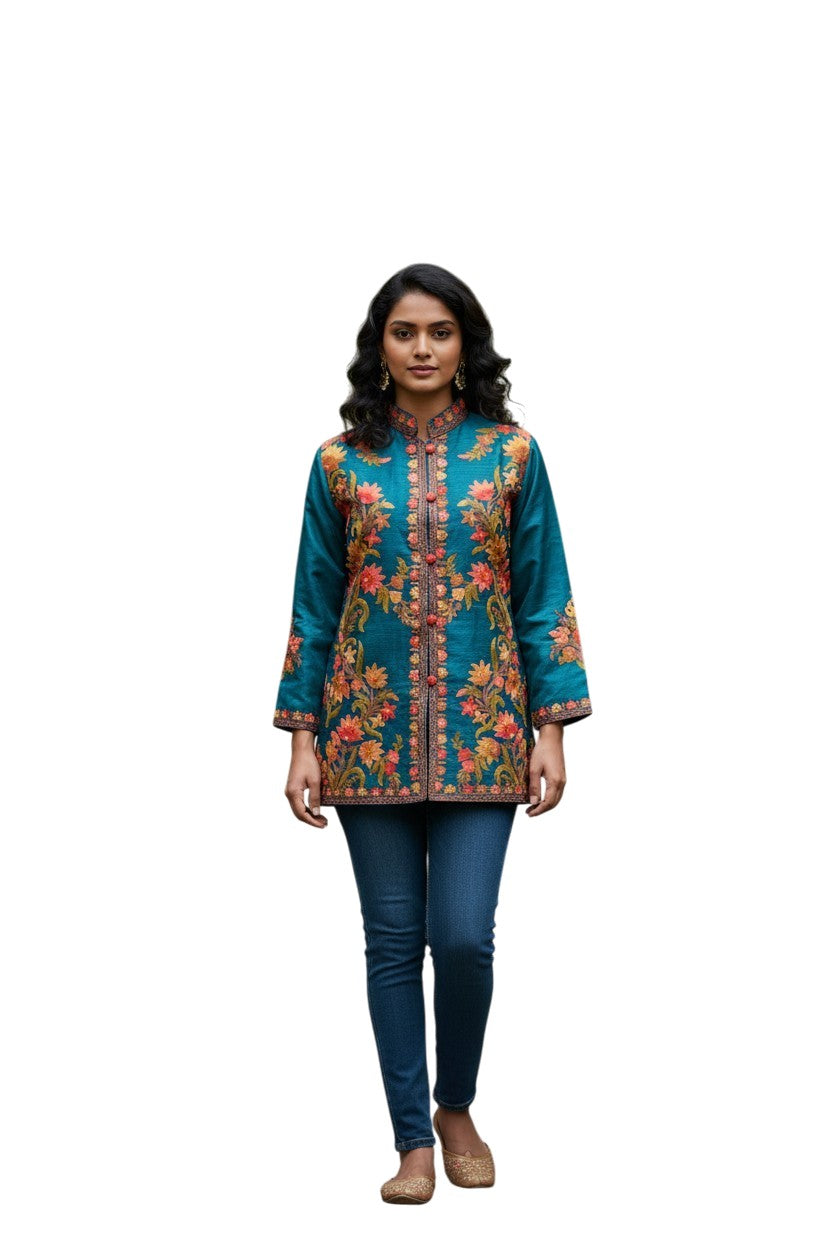 Kashmiri Short Silk Jacket For Women with Aari Embroidery - L | Royal Blue