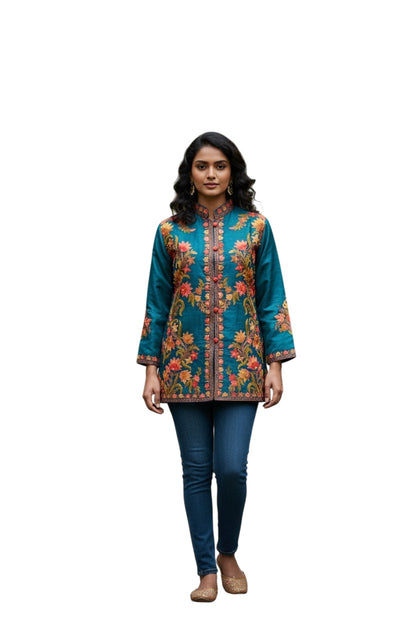 Kashmiri Short Silk Jacket For Women with Aari Embroidery - L | Royal Blue
