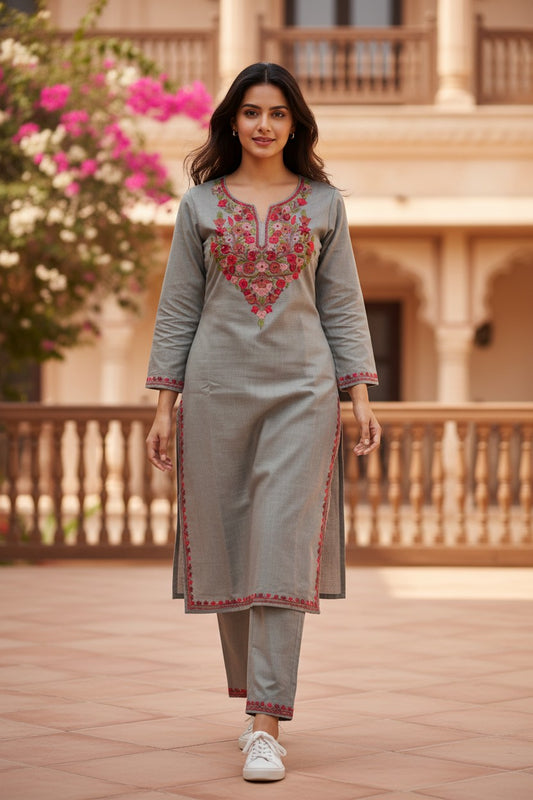 Kashmiri Cotton Co ord set Kurta Set for women (XS | Grey)