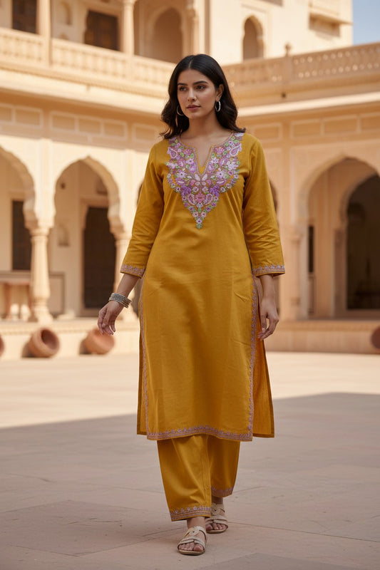 Kashmiri Cotton Co ord set Kurta Set for women (Small | Mustard)