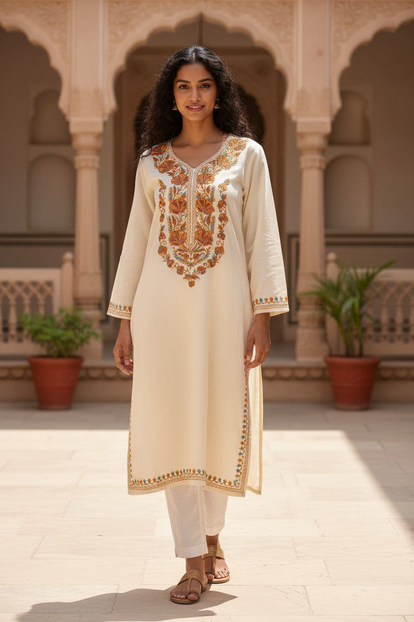 Kashmiri Kurti for Women Cotton Kurti with Embroidery - M | Beige-2