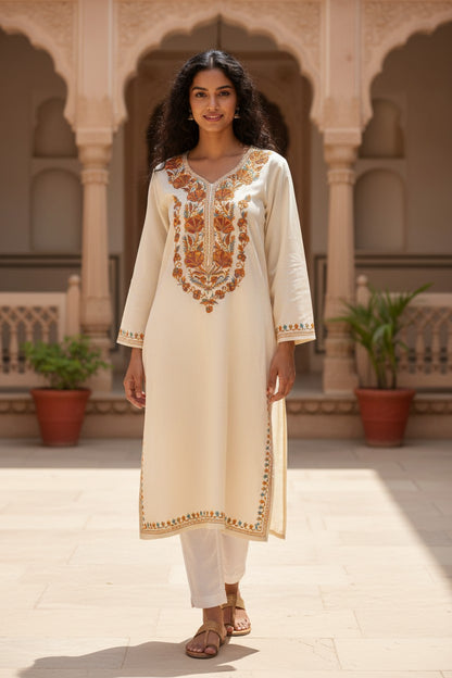 Kashmiri Kurti for Women Cotton Kurti with Embroidery - M | Beige-2