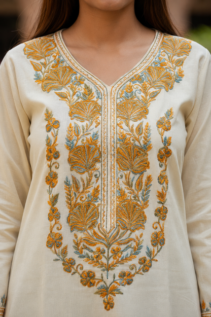 Kashmiri Kurti for Women Cotton Kurti with Embroidery - M | Beige-2