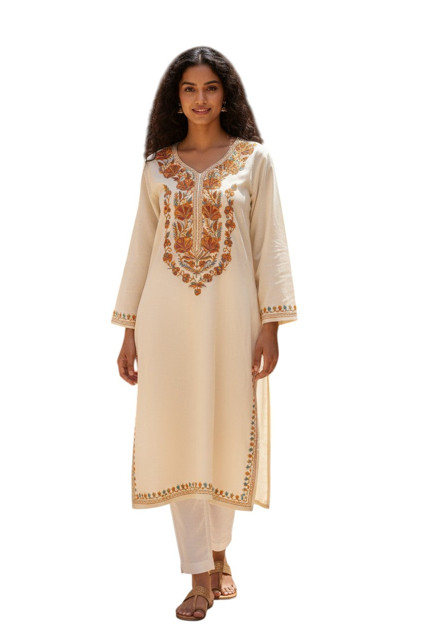Kashmiri Kurti for Women Cotton Kurti with Embroidery - M | Beige-2