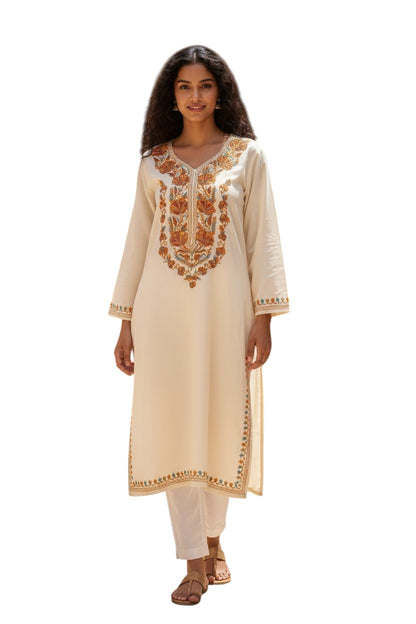 Kashmiri Kurti for Women Cotton Kurti with Embroidery - M | Beige-2