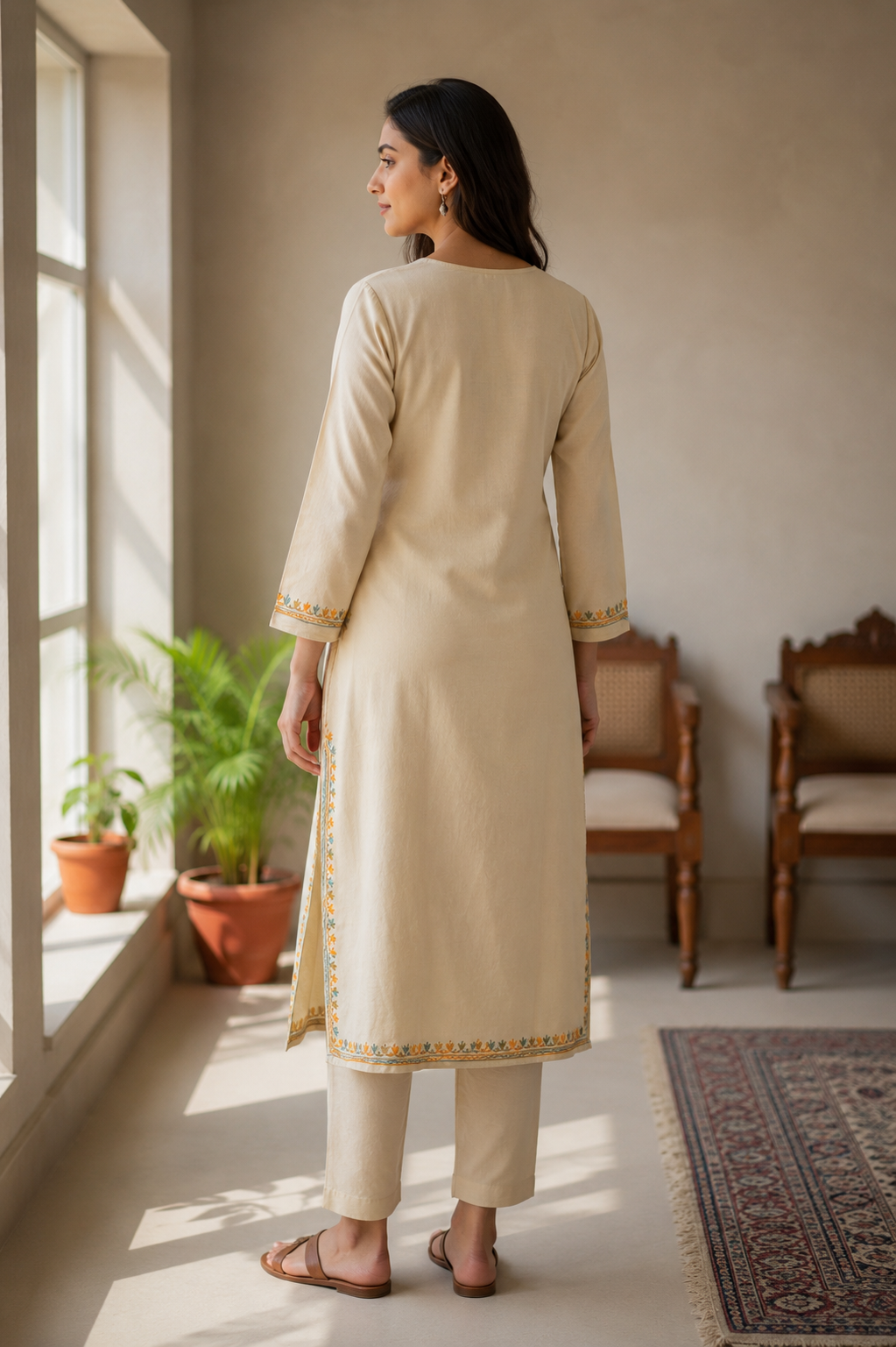Kashmiri Kurti for Women Cotton Kurti with Embroidery - M | Beige-2