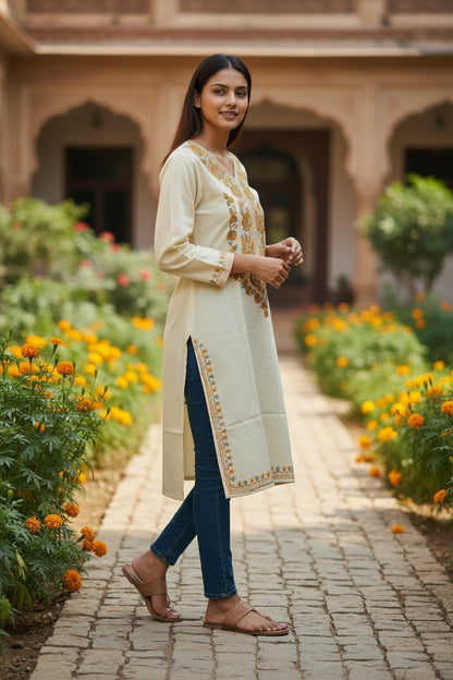 Kashmiri Kurti for Women Cotton Kurti with Embroidery - M | Beige-2