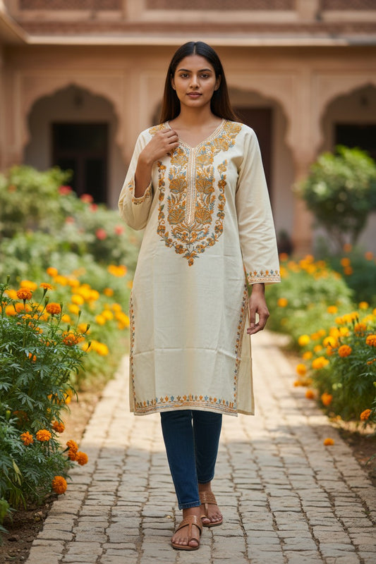 Kashmiri Kurti for Women Cotton Kurti with Embroidery - M | Beige-2