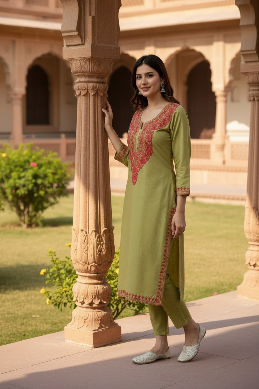 Kashmiri Kurti for Women Cotton Kurti with Embroidery - M | Light Green