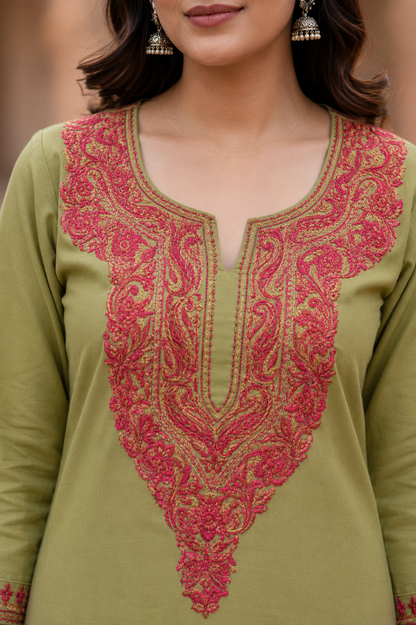 Kashmiri Kurti for Women Cotton Kurti with Embroidery - M | Light Green