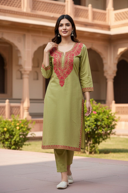 Kashmiri Kurti for Women Cotton Kurti with Embroidery - M | Light Green