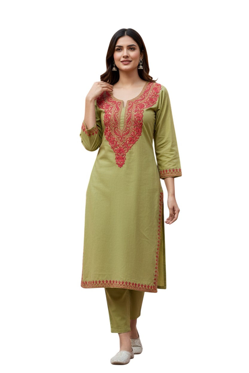 Kashmiri Kurti for Women Cotton Kurti with Embroidery - M | Light Green