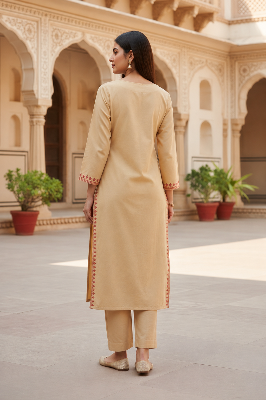 Kashmiri Kurti for Women Cotton Kurti with Embroidery - M | Beige-3