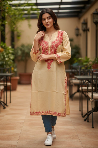 Kashmiri Kurti for Women Cotton Kurti with Embroidery - M | Beige-3