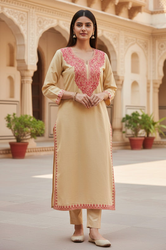 Kashmiri Kurti for Women Cotton Kurti with Embroidery - M | Beige-3