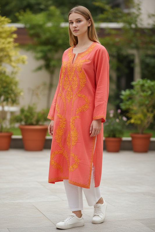 Kashmiri Kurti for Women Cotton Kurti with Embroidery - S | Light Pink