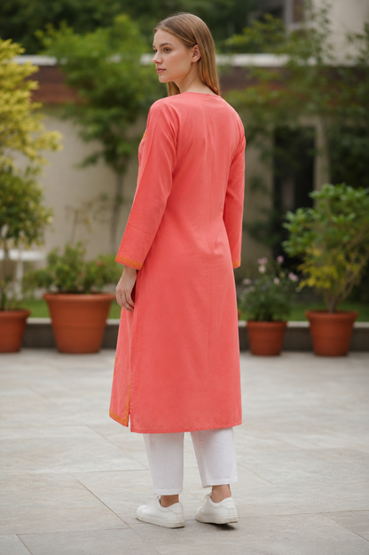 Kashmiri Kurti for Women Cotton Kurti with Embroidery - S | Light Pink