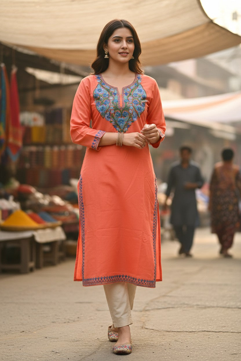 Kashmiri Kurti for Women Cotton Kurti with Embroidery - S | Orange