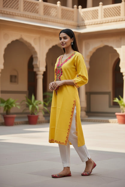 Kashmiri Kurti for Women Cotton Kurti with Embroidery - S | Yellow