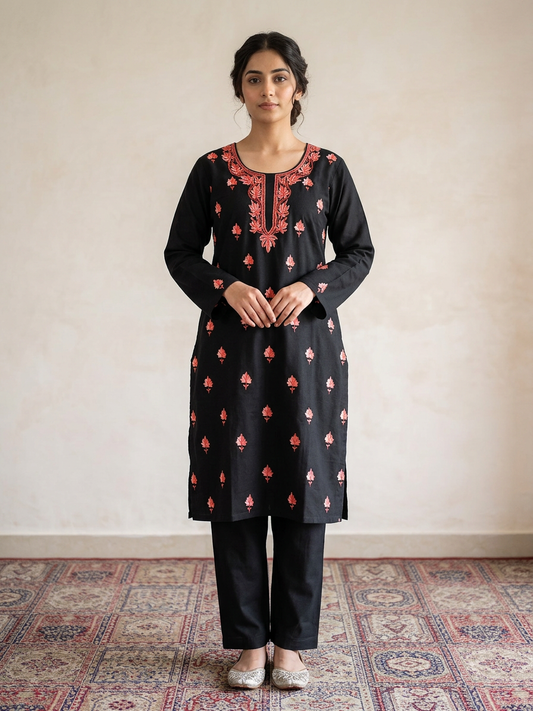 Kashmiri Cotton Co ord set Kurta Set for women (Medium | Black)
