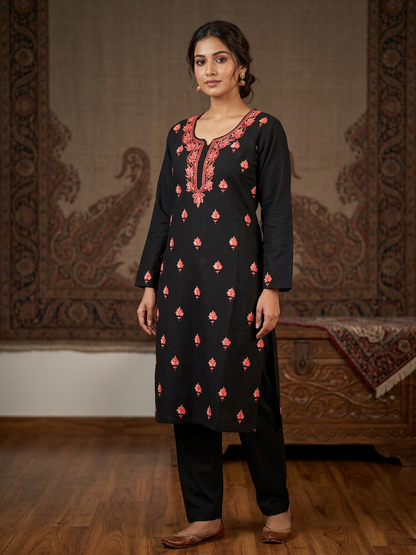 Kashmiri Cotton Co ord set Kurta Set for women (Medium | Black)