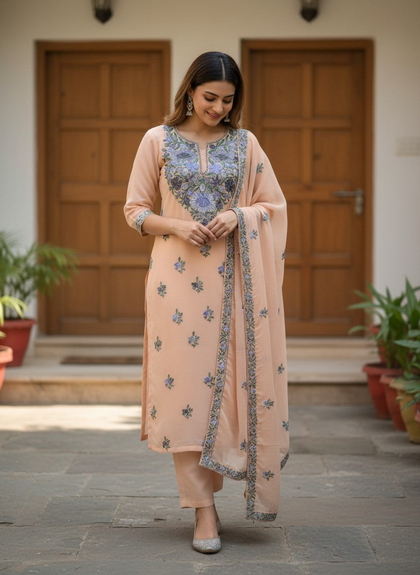 Kashmiri Georgette Suits For Women With Embroidered Dupatta - Soft Beige