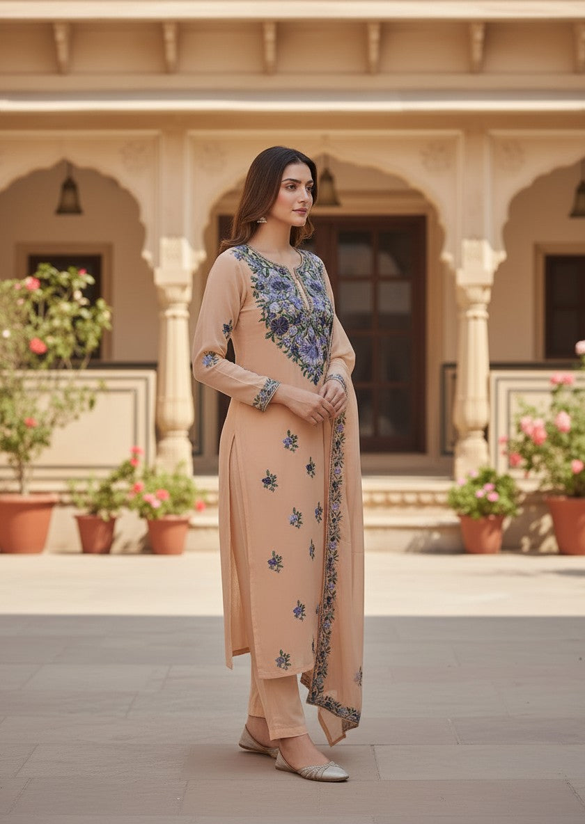 Kashmiri Georgette Suits For Women With Embroidered Dupatta - Soft Beige