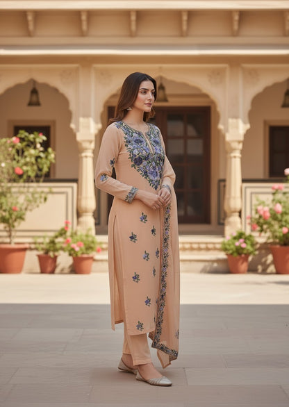 Kashmiri Georgette Suits For Women With Embroidered Dupatta - Soft Beige