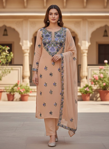 Kashmiri Georgette Suits For Women With Embroidered Dupatta - Soft Beige