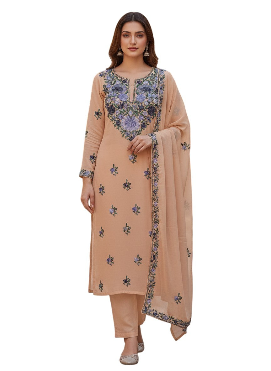 Kashmiri Georgette Suits For Women With Embroidered Dupatta - Soft Beige