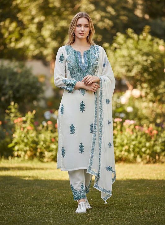 Kashmiri Georgette Suits For Women With Embroidered Dupatta - White