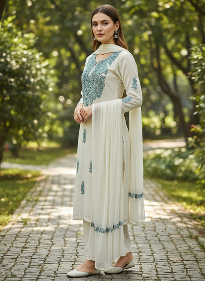 Kashmiri Georgette Suits For Women With Embroidered Dupatta - White