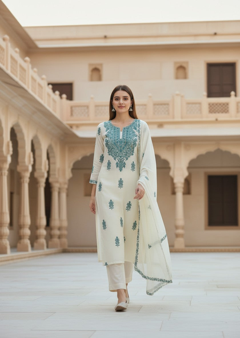 Kashmiri Georgette Suits For Women With Embroidered Dupatta - White
