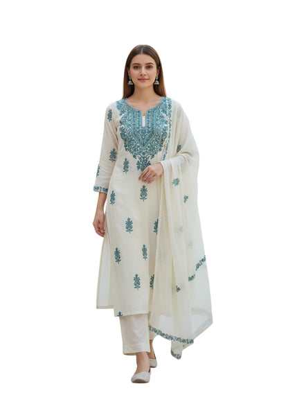 Kashmiri Georgette Suits For Women With Embroidered Dupatta - White