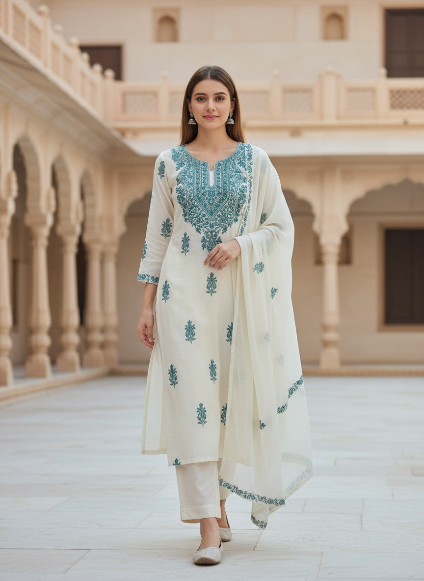 Kashmiri Georgette Suits For Women With Embroidered Dupatta - White