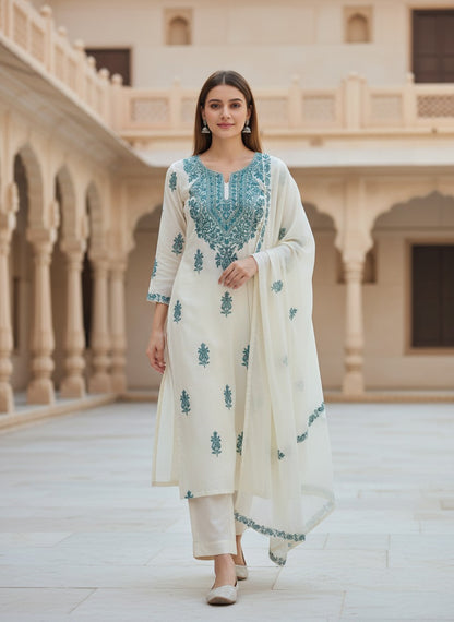 Kashmiri Georgette Suits For Women With Embroidered Dupatta - White
