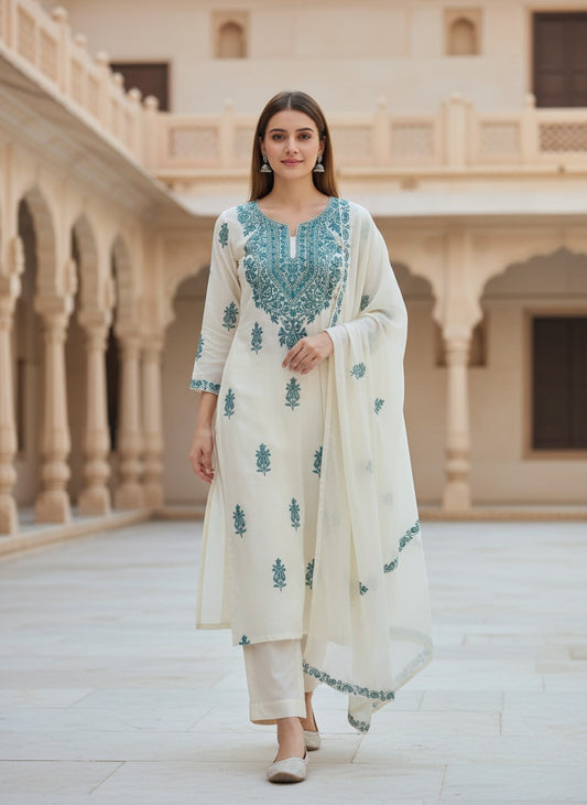Kashmiri Georgette Suits For Women With Embroidered Dupatta - White